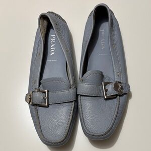 Prada Women's light blue Leather with silver Buckle Loafers